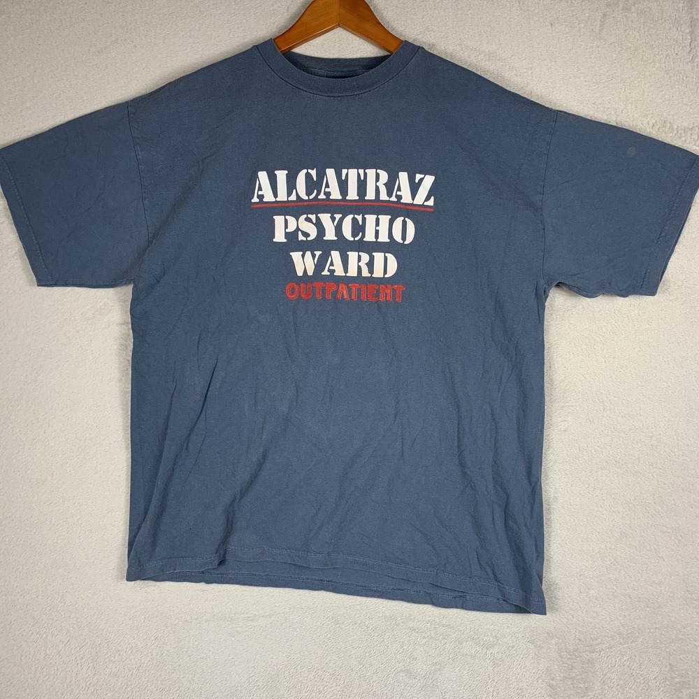 Vintage Alcatraz Psycho Ward Outpatient Shirt Mens XL Blue Graphic Tee Novelty